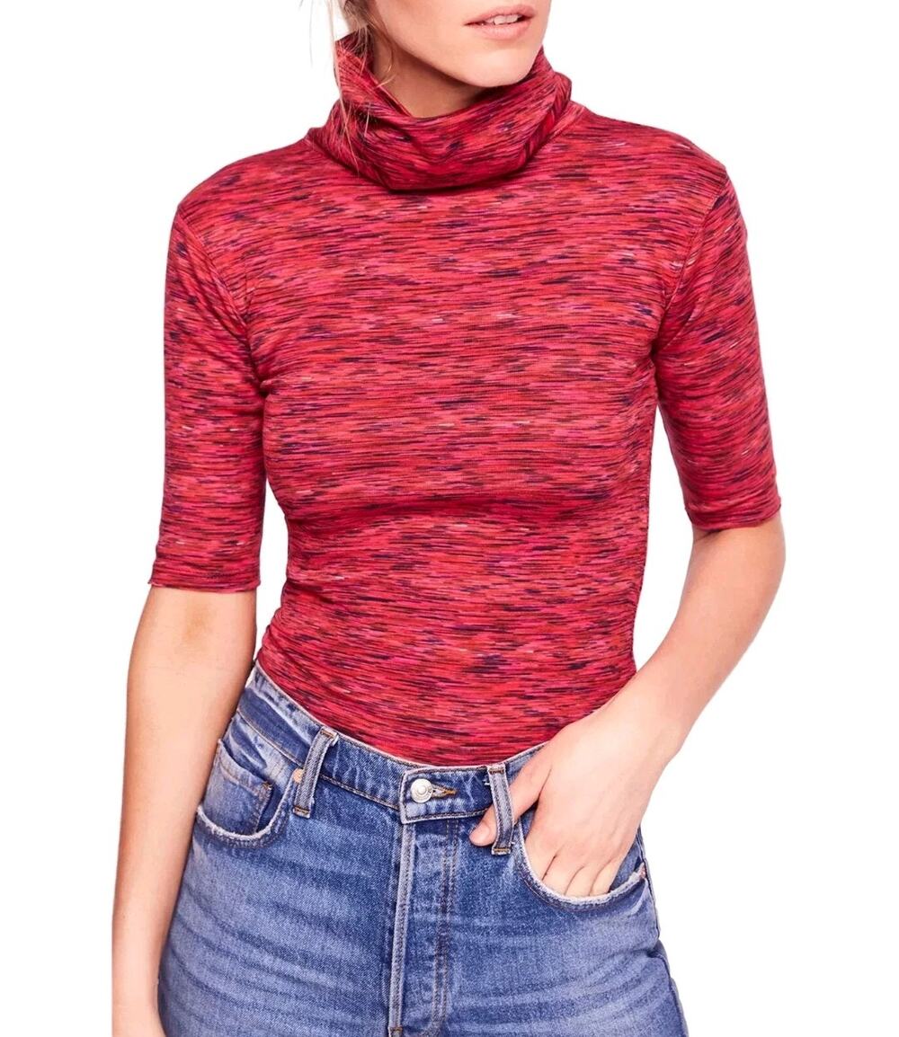 Free People Red Purple Turtleneck Top Size Medium Boho Fall Blouse Layering Top